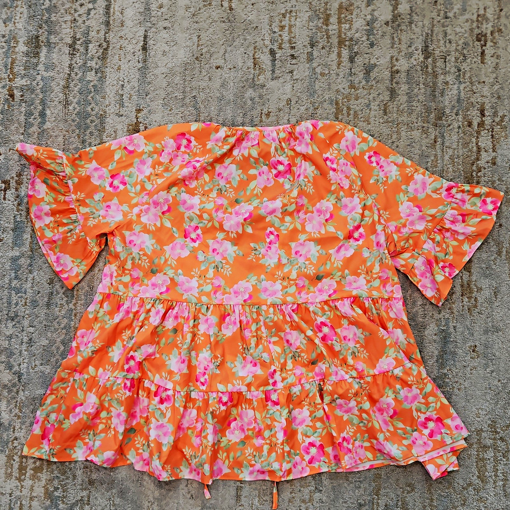 Chic Soul Women's 2X Orange Pink Green Floral Chiffon Ruffle Tie Blouse